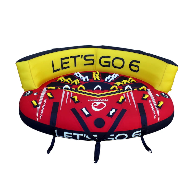 Red and yellow inflatable water tube with 'Let's Go 6' text on a white background