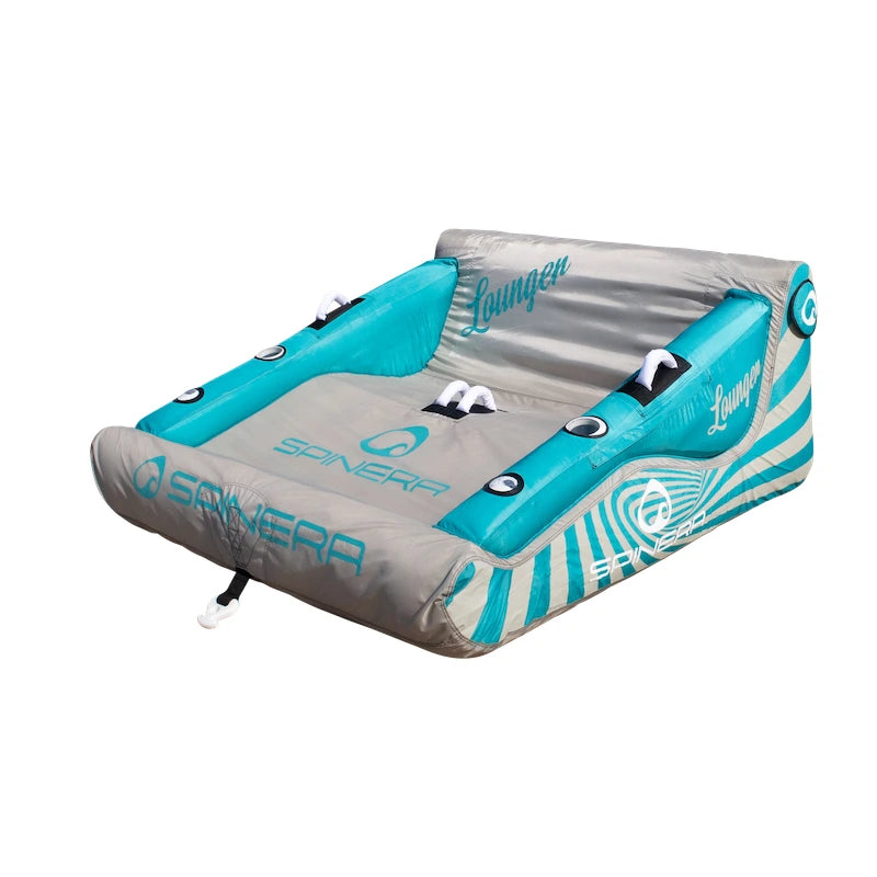 Inflatable lake lounge with blue and gray design on a white background