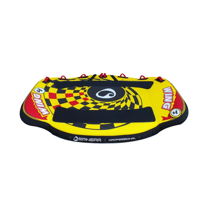 Colorful inflatable water tube with checkered pattern on a white background