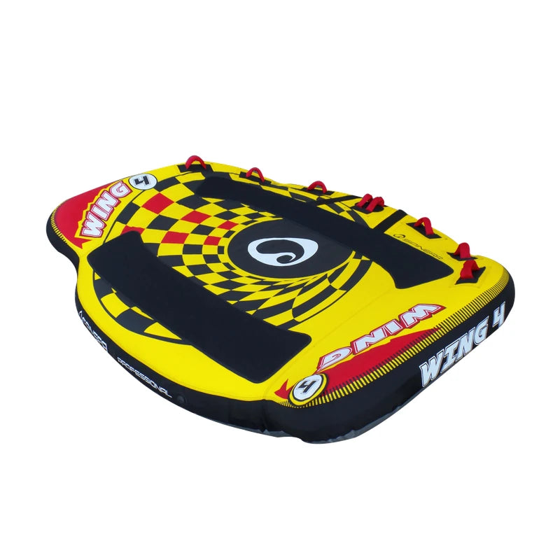Yellow and black inflatable water toy with red accents on a white background