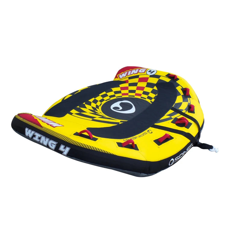 Colorful inflatable water towable with a checkered pattern on a white background