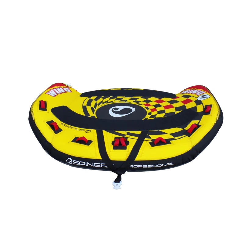 Towable tube with a yellow, black, and and red checkered pattern on a white background