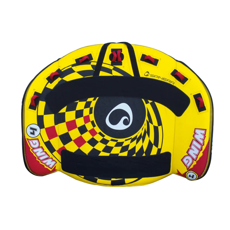 Colorful inflatable tube with checkered pattern and brand logo on a white background