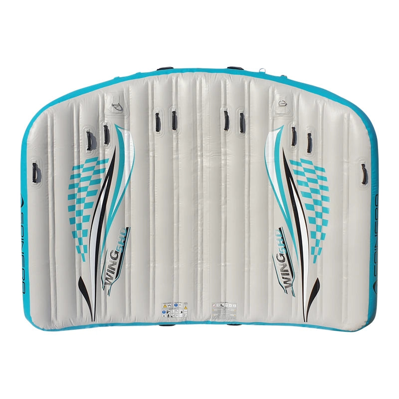 Inflatable wing boat tube with blue and black designs on a white background