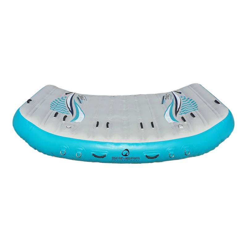 Inflatable boat tube with aqua and gray design on a white background