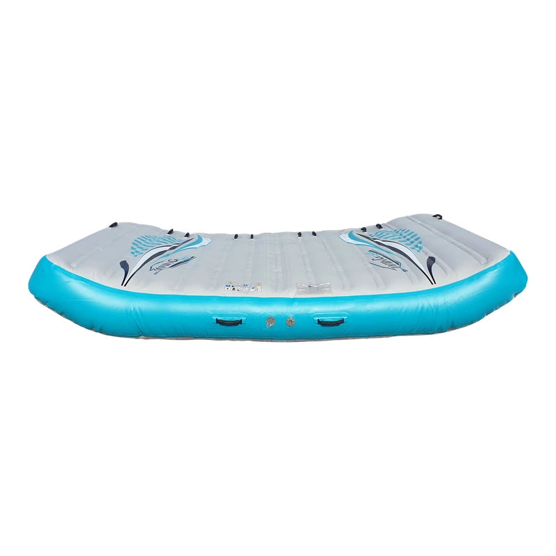 Inflatable boat tube with blue and gray design on a white background