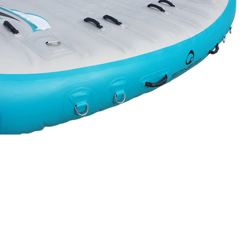 Close-up of an inflatable boat tube with blue and white colors on a white background
