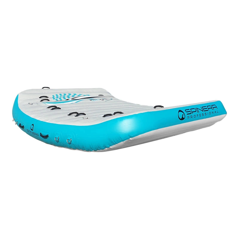 Inflatable boat tube with blue and white design on a white background