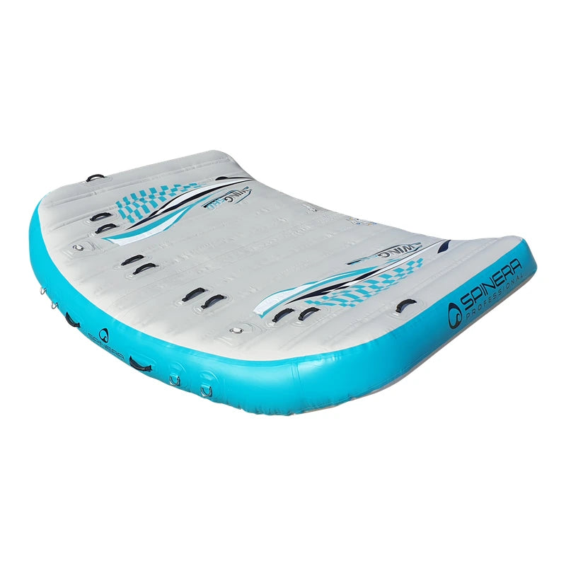 Inflatable boat tube with aqua and gray design on a white background