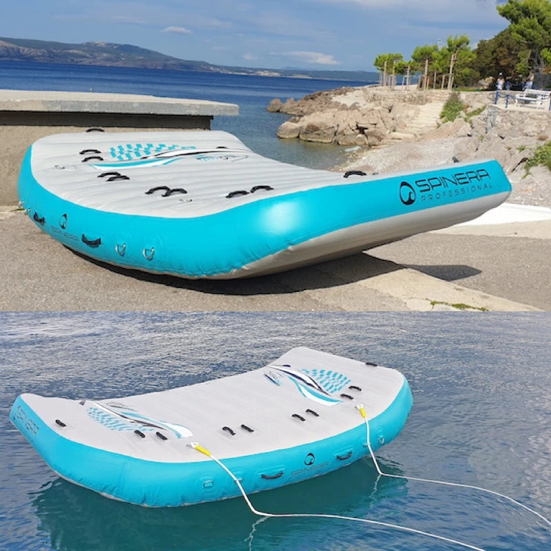 Inflatable towable tube with 'Spinera' branding on a beach and in water.