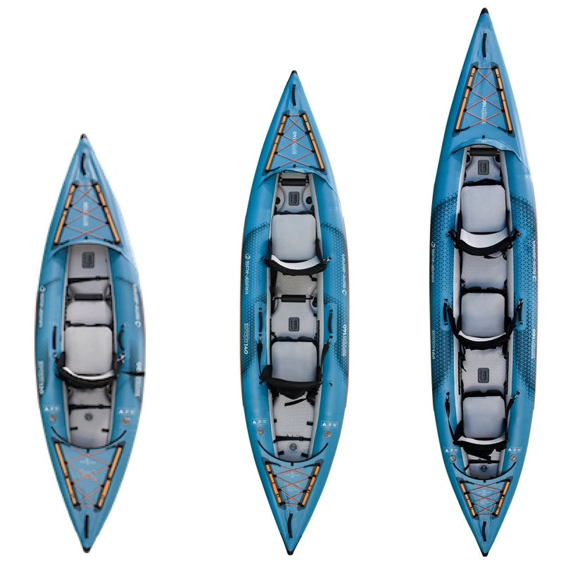 Three views of a blue Spinera Tenaya inflatable kayaks on a white background