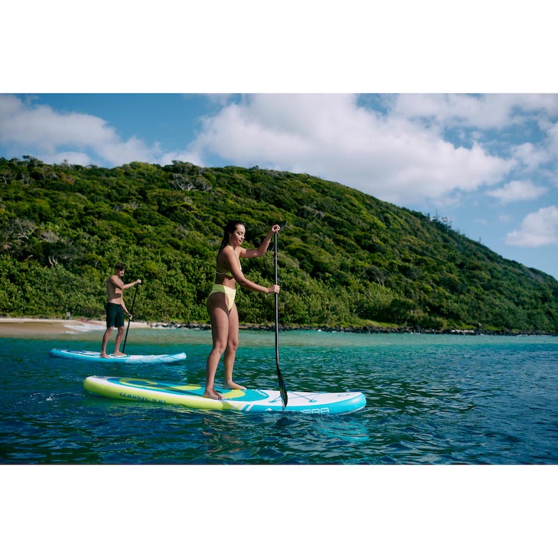 Two people paddleboarding on a clear day with a lush green island in the background.