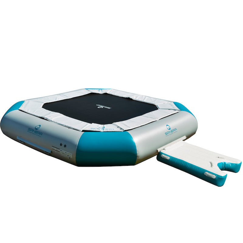 Inflatable trampoline with aqua and white design on a white background