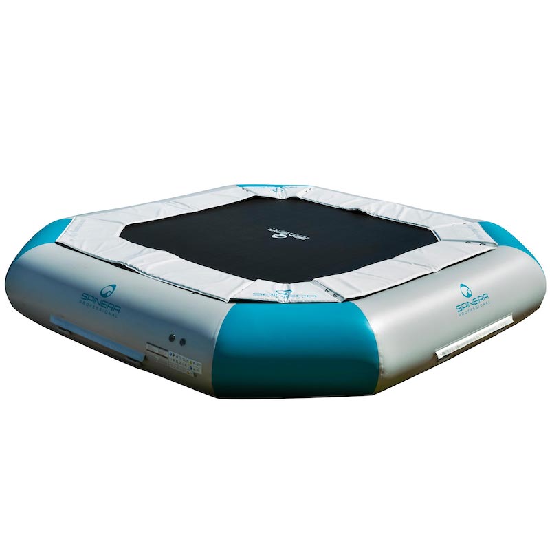 Inflatable water trampoline with aqua and white design on a white background