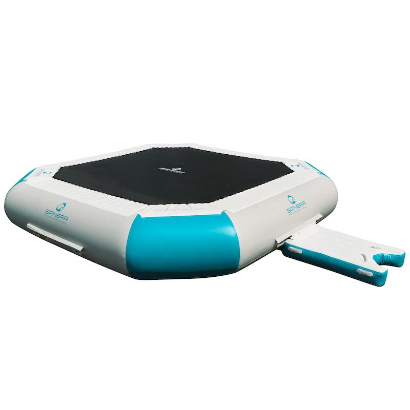 Inflatable water trampoline with aqua and white design on a white background