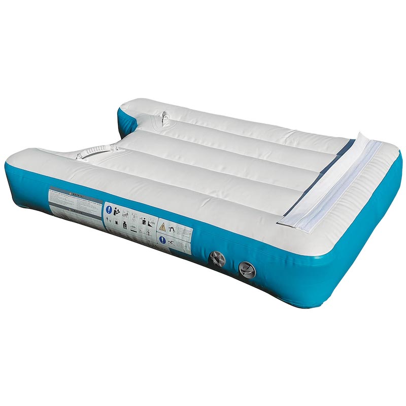 Inflatable air pad for boarding a water trampoline with blue border on a white background