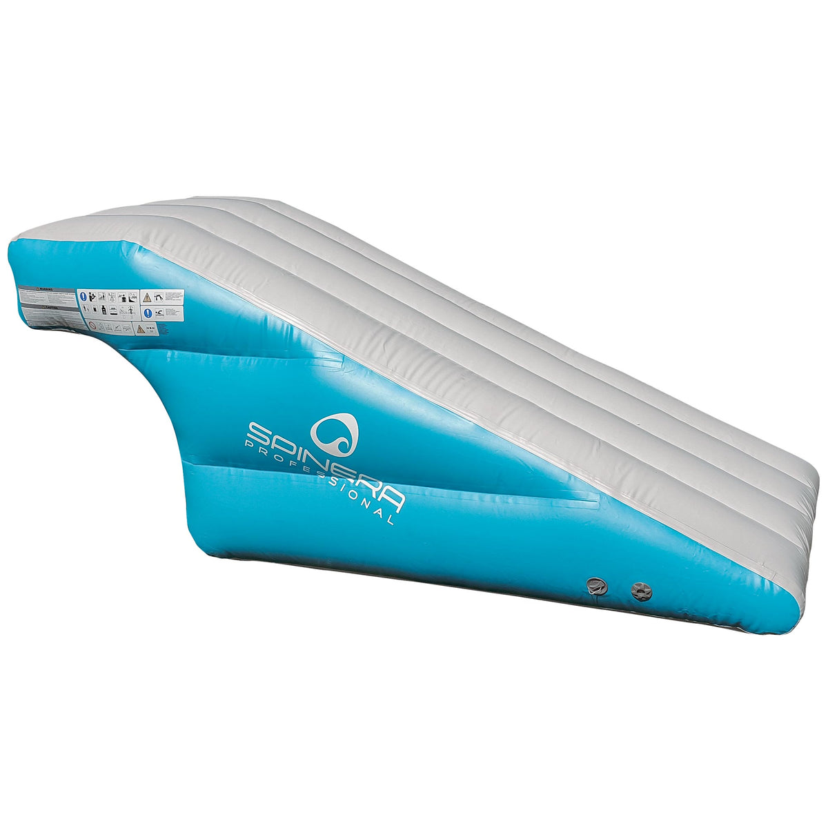 Inflatable water trampoline slide with teal and white design on a white background