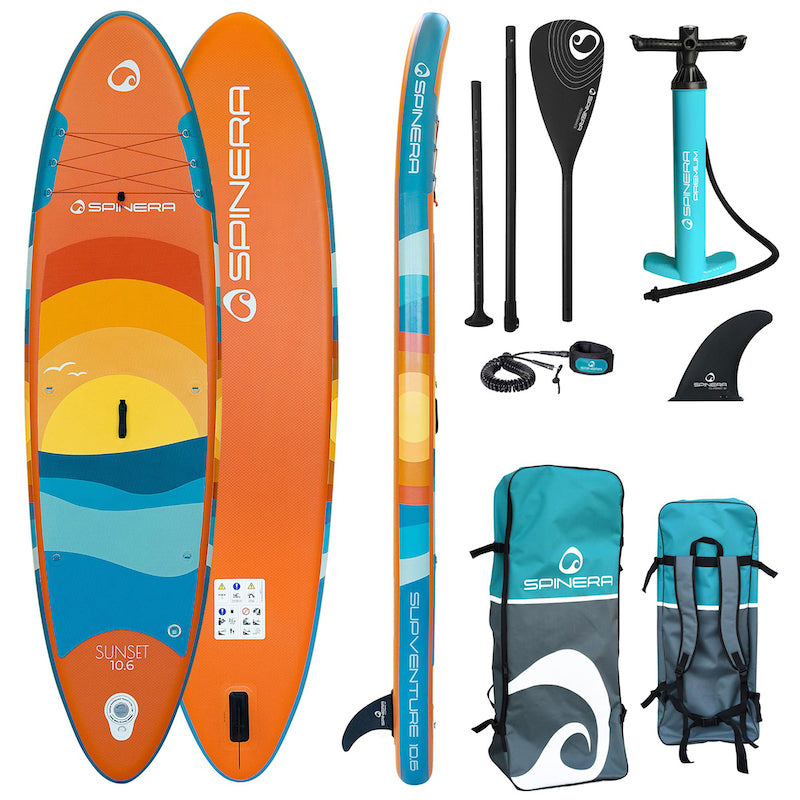 Spinera Sunset paddle board with accessories on a white background