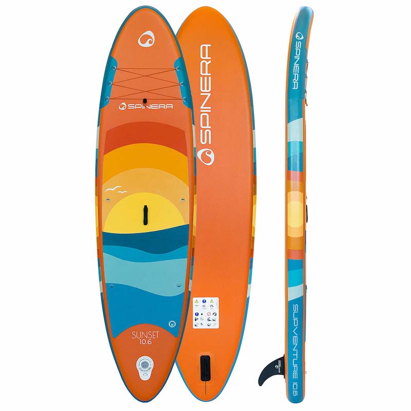 Orange and blue Spinera Sunet paddleboard on a white background