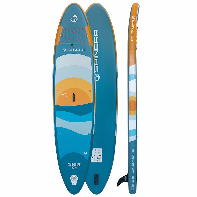 Spinera Sunrise 12.0 Blue and orange SUP board with 'Spinera' branding on a white background