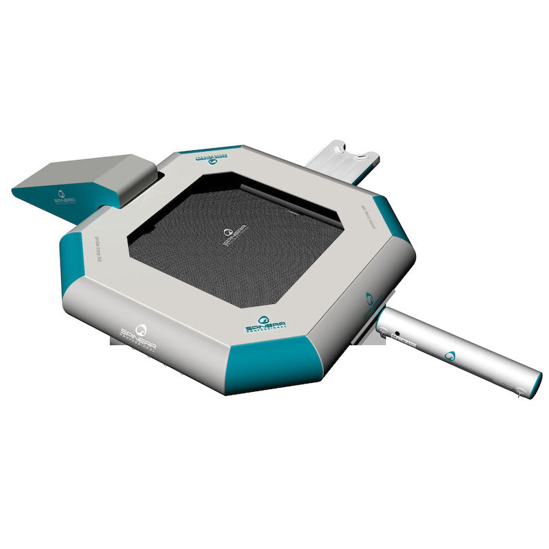 Hexagonal water trampoline with teal accents on a white background