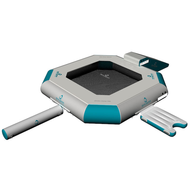 Hexagonal water bouncer with slide and and beam, on a white background