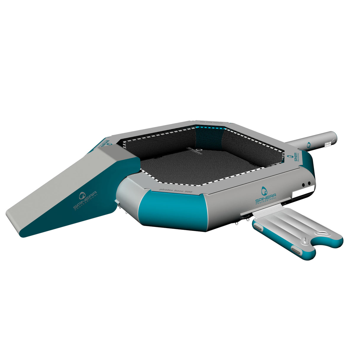 Hexagonal trampoline with teal and gray design on a white background