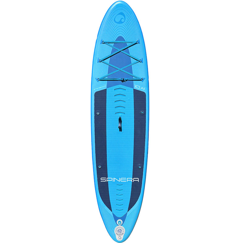 Light and dartk Blue and Spinera 10'4" Let's Paddle paddleboard on a white background