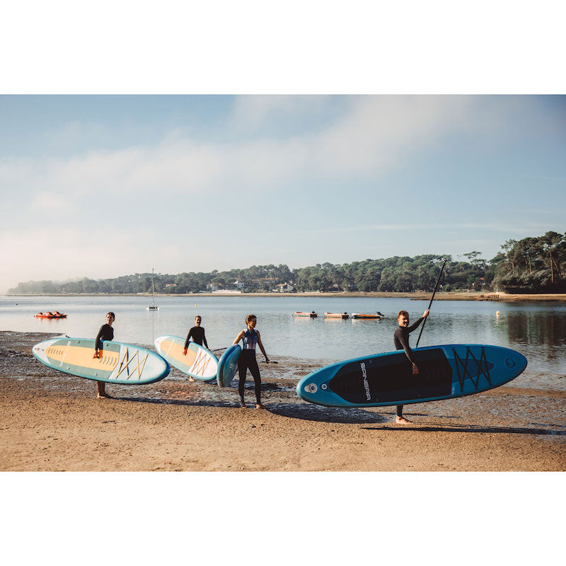 People with paddleboards on a beach with a scenic background