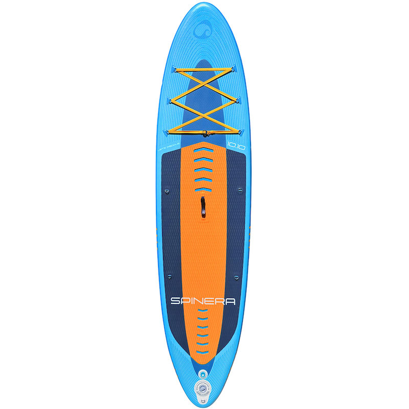 Blue and orange Spinera 10'10" Let's Paddle paddleboard on a white background