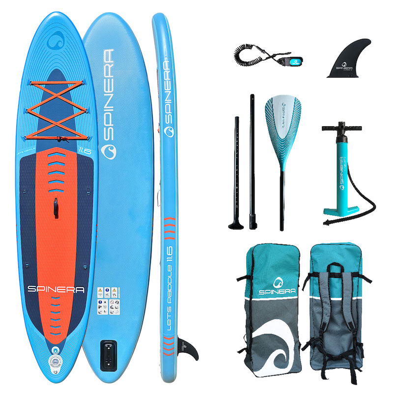 Spinera Let's Paddle paddleboard set with accessories on a white background