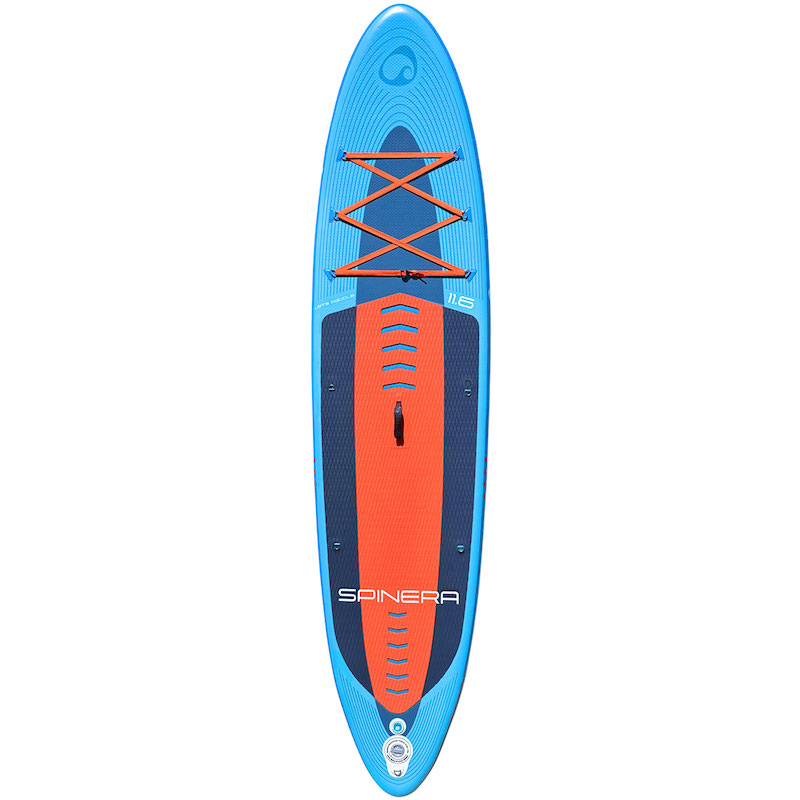 Blue and orange Spinera 11'6" Let's Paddle paddleboard on a white background