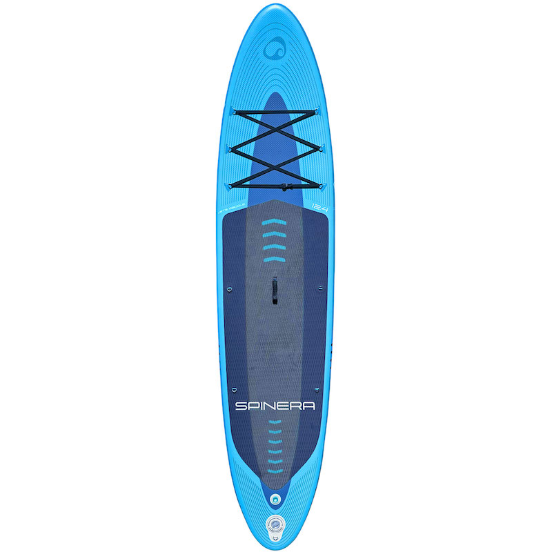 Light Blue and black Spinera Let's Paddle 12'4" SUP board on a white background