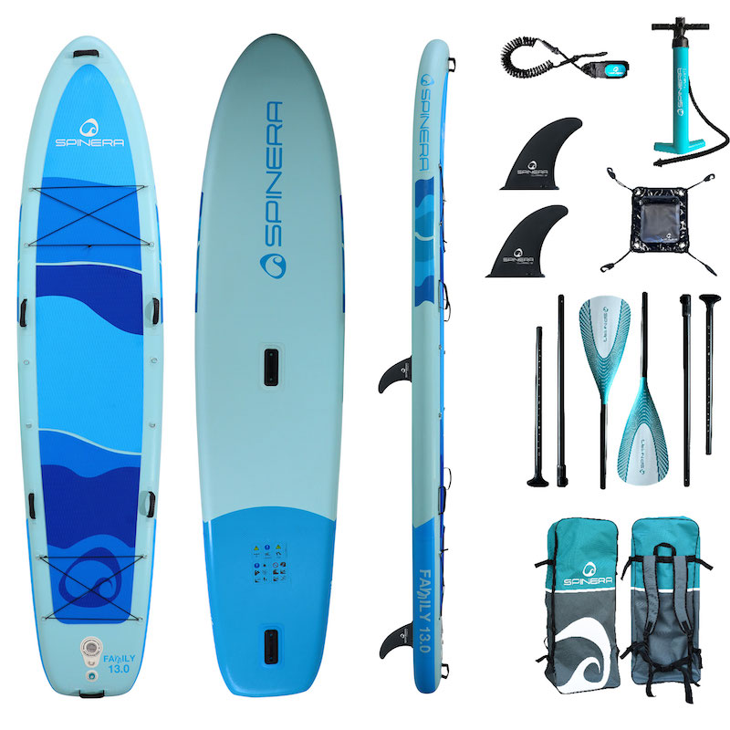 Spinera Family SUP 13.0 paddleboard with accessories on a white background