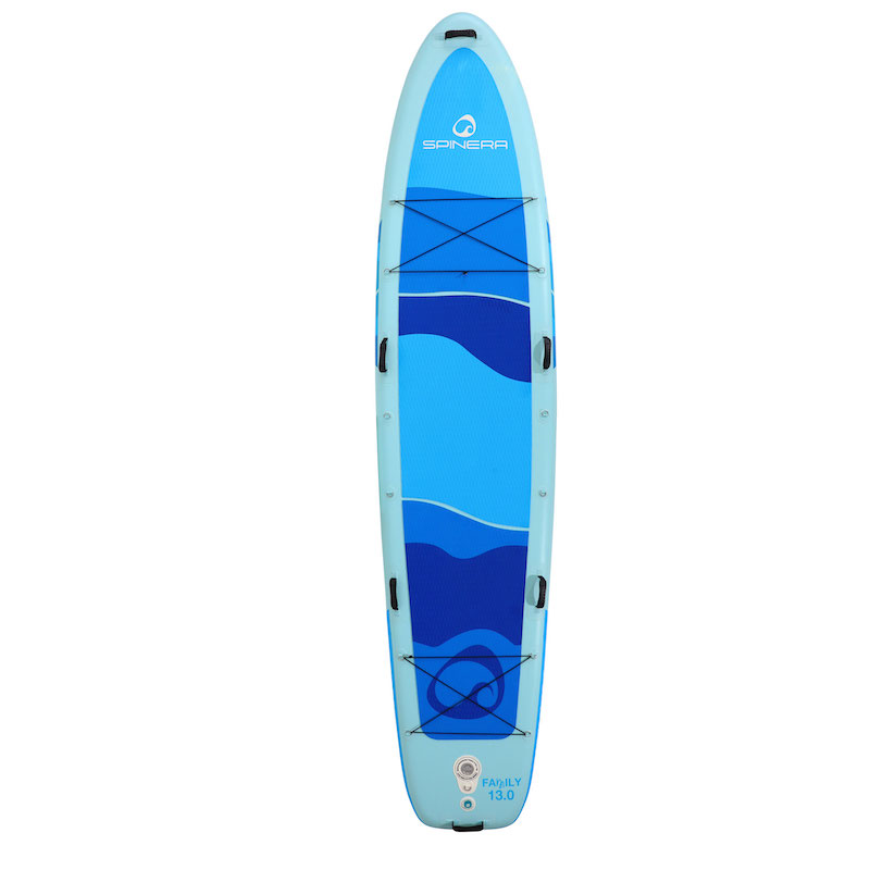 Blue and white paddleboard on a white background