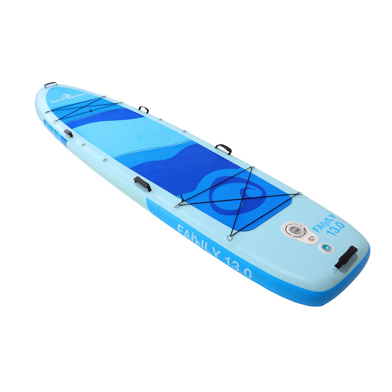 Blue inflatable stand-up paddleboard on a white background