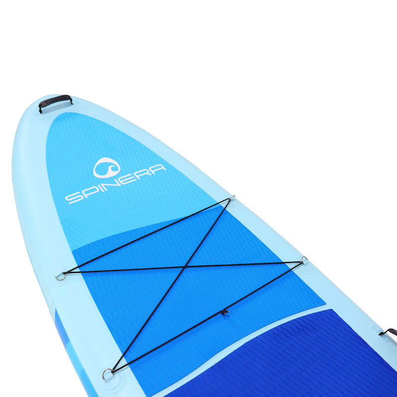 Blue and white inflatable stand-up paddleboard with Spinera branding on a white background