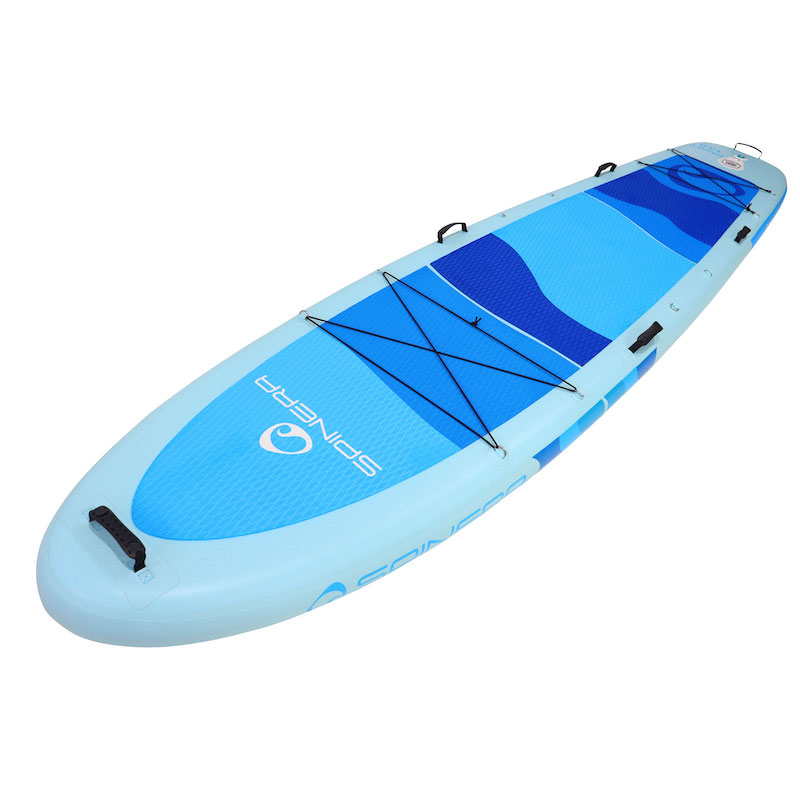 Blue inflatable paddle board with a visible brand logo on a white background