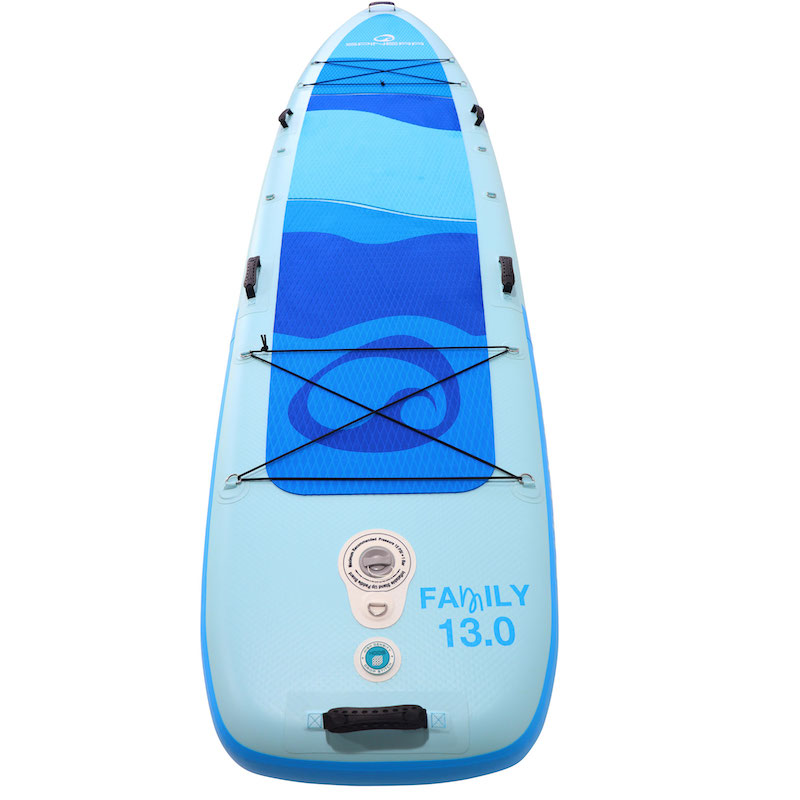 Inflatable paddle board with blue and light blue design on a white background