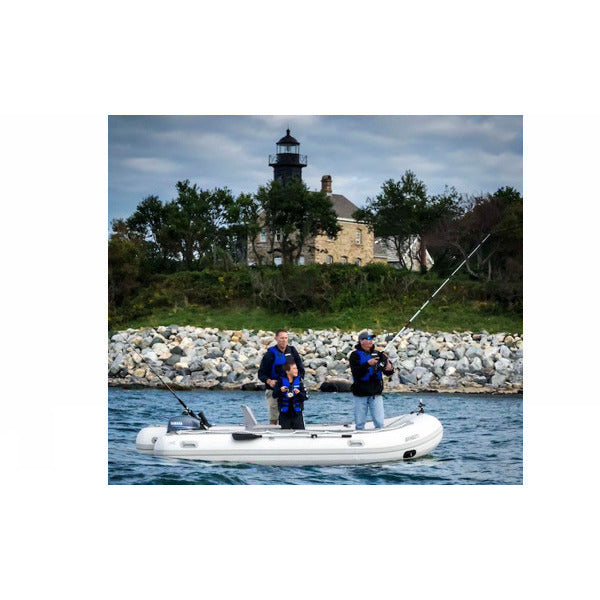 Sea Eagle 12&#39;6&quot; Sport Runabout Inflatable Boat with 2 fishermen out on the lake.