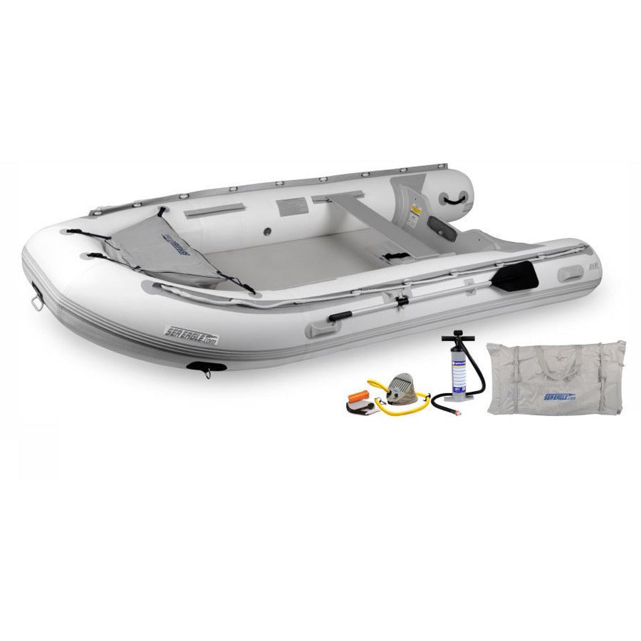 Sea Eagle 12&#39;6&quot; Sport Runabout Inflatable Boat top view with the bag and pump sitting next to the Sea Eagle inflatable boat.