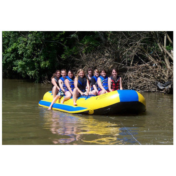 Island Hopper 12 Person Towable Banana Boat Taxi front view as the banana boat tube sits full of 12 passengers ready to be pulled across the water. 