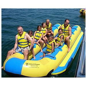 Island Hopper 12 Person Towable Banana Boat Taxi front view of passengers sitting on the 12 man banana boat taxi being boat ready to go out to sea. 