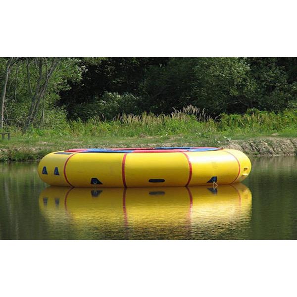 Island Hopper 15' Classic Water Trampoline side view of the yellow 15ft water trampoline on the lake. 