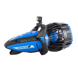 Yamaha 220Li Seascooter features a dark royal blue design with black accents.  The handle and propeller cage are black along with a stripe down the side and a small mounted camera on the handle.  The 220Li Seascooter logo is on the side.