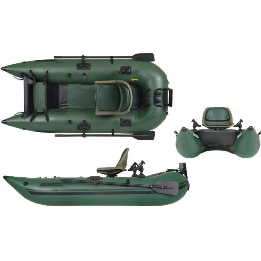 Top Side view of the green Sea Eagle 285 Frameless Inflatable Fishing Boat with carry bag and pump sitting next to the Sea Eagle inflatable boat.