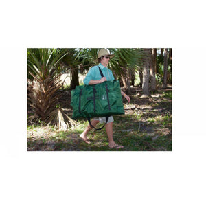 Sea Eagle 285 Frameless Inflatable Fishing Boat green carry bag over the shoulder of a gentleman. 