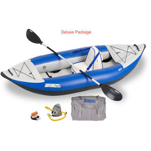 Sea Eagle Explorer 300X Solo Inflatable Kayak Deluxe package top and side display view with the bag and pump sitting next to the Sea Eagle inflatable kayak. 