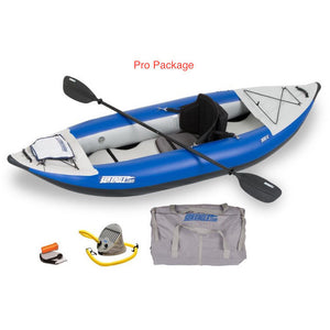 Sea Eagle Explorer 300X Solo Inflatable Kayak Pro package top and side display view with the bag and pump sitting next to the Sea Eagle inflatable kayak. 