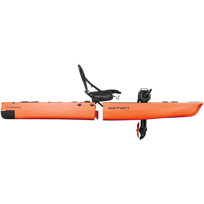 KingFisher Solo Modular Fishing Kayak for Sale Orange version. It is a 2 piece modular fishing kayak for sale with 1 place seat and 1 black impulse drive.